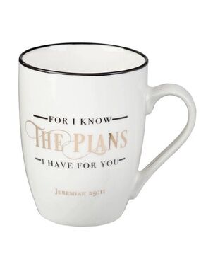 White Ceramic Inspirational Mug with Gold Script and Black Rim